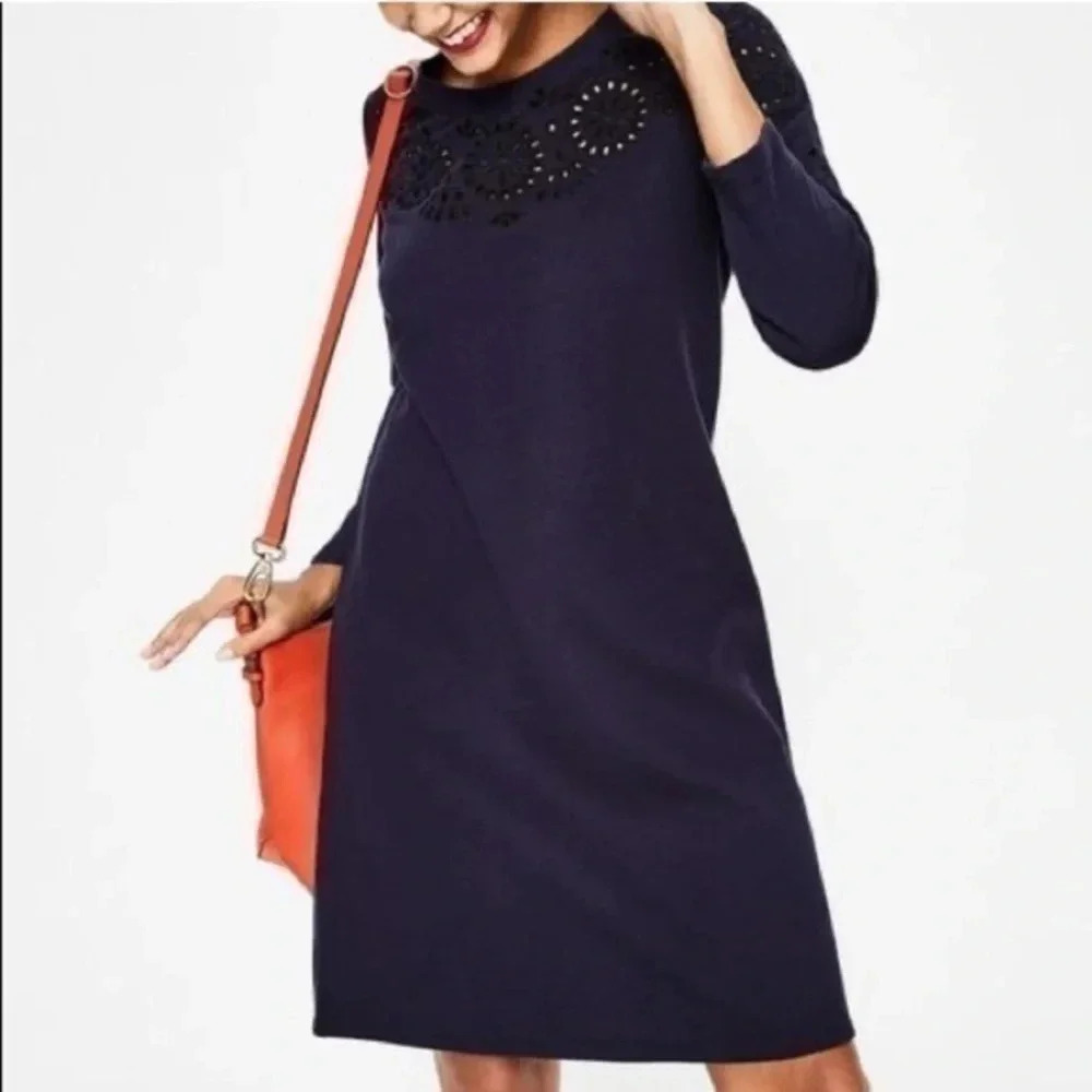 Boden | Navy Floral Crochet Cut Out Long Sleeve Cotton Sweater Dress Size 6